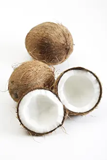 Coconut Nutrition Stampe: Coconuts, one halved, palm leaf
