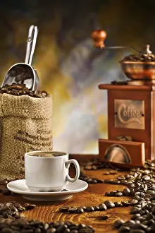 Dark Table Setting Stampe: Coffee items on table