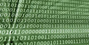 Cyber Crime Protection Stampe: Colorful digital binary data digits and streaming binary code background with light beams