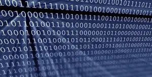 Cyber Crime Protection Stampe: Colorful digital binary data digits and streaming binary code background with light beams