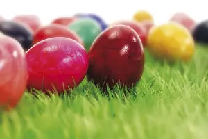 Colourful Easter Egg Tradition Stampe: Coloured Easter eggs in the grass