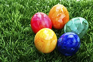 Easter Egg Tradition Stampe: Coloured easter eggs on grass