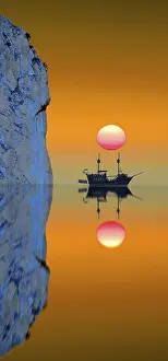 Deserted Boat Stampe: Composing: ship with sun