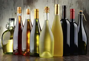 Wine Bottle Composition Stampe: Composition with assorted bottles of wine