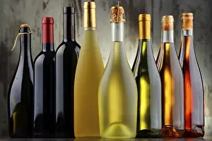 Wine Bottle Composition Stampe: Composition with assorted bottles of wine