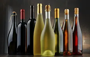 Wine Bottle Composition Stampe: Composition with assorted bottles of wine