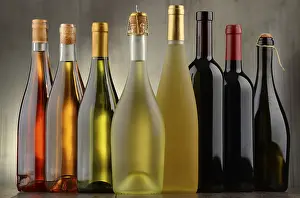 Wine Bottle Composition Stampe: Composition with assorted bottles of wine