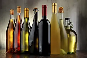 Wine Bottle Composition Stampe: Composition with assorted bottles of wine