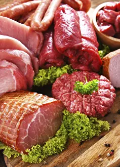 Deserted Butcher Shop Stampe: Composition with assorted meat products