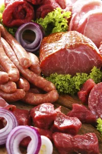 Deserted Butcher Shop Stampe: Composition with assorted meat products