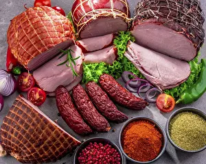 Deserted Butcher Shop Stampe: Composition with assorted meat products
