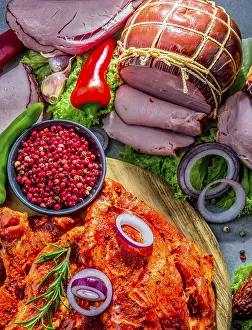 Meat Dish Photography Stampe: Composition with assorted meat products including ham