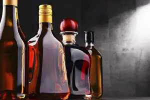 Bar Setup Ideas Stampe: Composition with bottles of assorted alcoholic beverages
