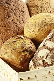 Breakfast Meal Setup Stampe: Composition with bread and rolls on kitchen table