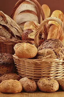 Breakfast Meal Setup Stampe: Composition with bread and rolls in wicker basket