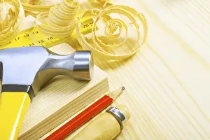 Handicraft Industry Stampe: Composition of carpentry tools on pine boards