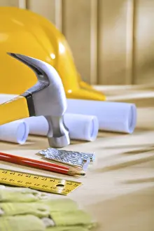 Construction Industry Tools Stampe: Composition of carpentry tools on woden table
