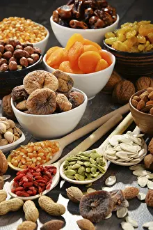 Assorted Nuts And Fruits Stampe: Composition with dried fruits and assorted nuts