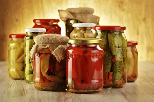Vegetable Nutrition Facts Stampe: Composition with jars of pickled vegetables