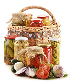 Preserved Food Stampe: Composition with jars of pickled vegetables