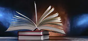 Educational Institution Decor Stampe: A composition with an open book lying on a stack of other books