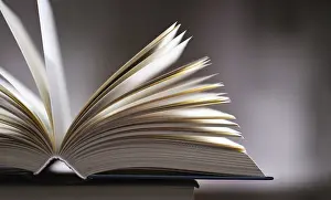 Open Book Stampe: A composition with an open book lying on a stack of other books