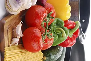 Nutritious Breakfast Meal Stampe: Composition with raw vegetables and spaghetti