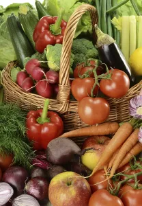 Balanced Diet Grocery Shopping Tips Stampe: Composition with raw vegetables and wicker basket