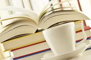 Composition With Books Stampe: Composition with stack of books and cup of coffee