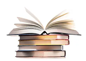 Composition With Books Stampe: Composition with stack of books isolated on white