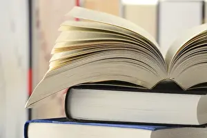 Deserted Library Stampe: Composition with stack of books on the table