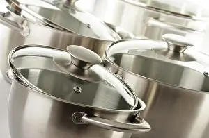 Uninhabited Kitchen Setup Stampe: Composition with stainless pots