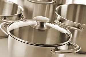 Uninhabited Kitchen Scene Stampe: Composition with stainless pots