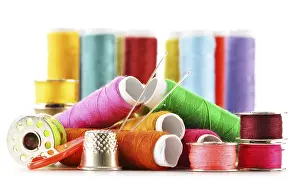 Bright White Background Photo Stampe: Composition with tailor needles and threads over white background