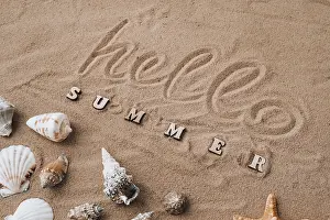 Text Free Space For Holidays Stampe: Composition with text HELLO SUMMER seashells