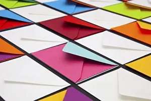 Empty Desk Utensils Stampe: Composition with white and colored envelopes on the table
