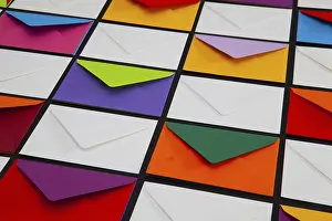 Empty Desk Utensils Stampe: Composition with white and colored envelopes on the table