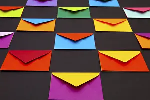 Glazed Tile Background Image Stampe: Composition with white and colored envelopes on the table