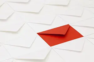 White Envelopes On Table Stampe: Composition with white envelopes and one red envelope on the table