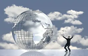 Environmental Awareness Image Stampe: Computer graphics, man in front of globe with clouds