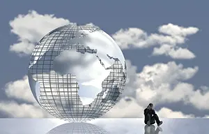 Climate Protection Image Stampe: Computer graphics, thoughtful man in front of globe with clouds