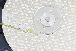 Computer Hardware Details Stampe: Computer hard disk drive with read-write head on the disk