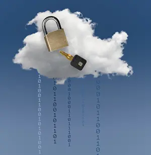 Symbolic Picture Of Security Stampe: Concept image for cloud computing and online applications with a brass lock showing security problems