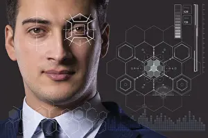 Artificial Intelligence Eyes Stampe: Concept of sensor implanted into human eye