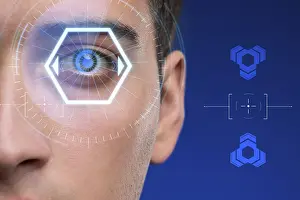 Artificial Intelligence Eyes Stampe: Concept of sensor implanted into human eye
