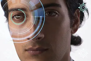 Artificial Intelligence Eyes Stampe: Concept of sensor implanted into human eye