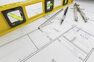 Home Construction Process Stampe: Construction level, engineer pencil