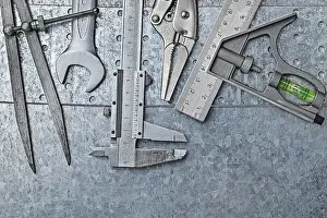 Industrial Equipment Stampe: Construction Tools Composed On Metallic Background