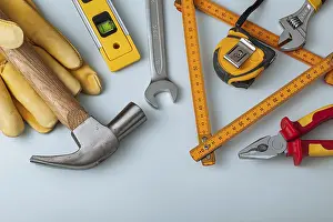 Studio Shot Image Stampe: Construction Tools On Light Gray Background