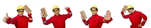 Construction Worker Stampe: Construction worker with clay bricks on white